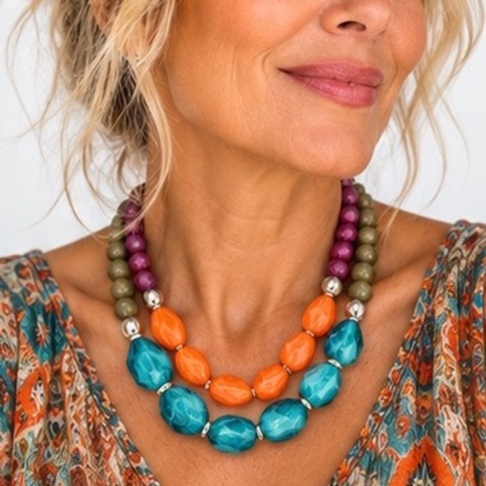 Chunky Resin Bead Statement Necklace Faceted Multi Strand Bold Mix Bohemian